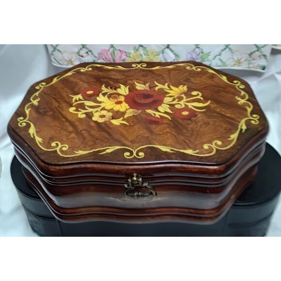 Vintage Jewelry Box Marquetry Inlaid Octangle Shaped dated 1936/86